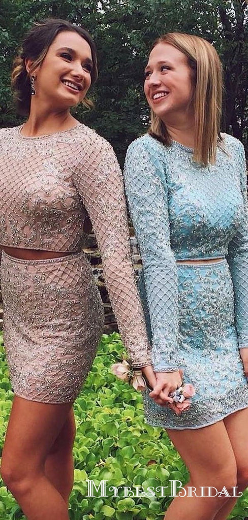 Two Piece Backless Beaded Dusty Pink Homecoming Dresses with Long Sleeves, TYP0044