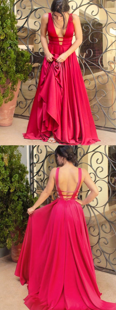 Sexy A-line V-Neck V-Back Red Satin  Prom Dresses, Fashion Gown,PDY0170