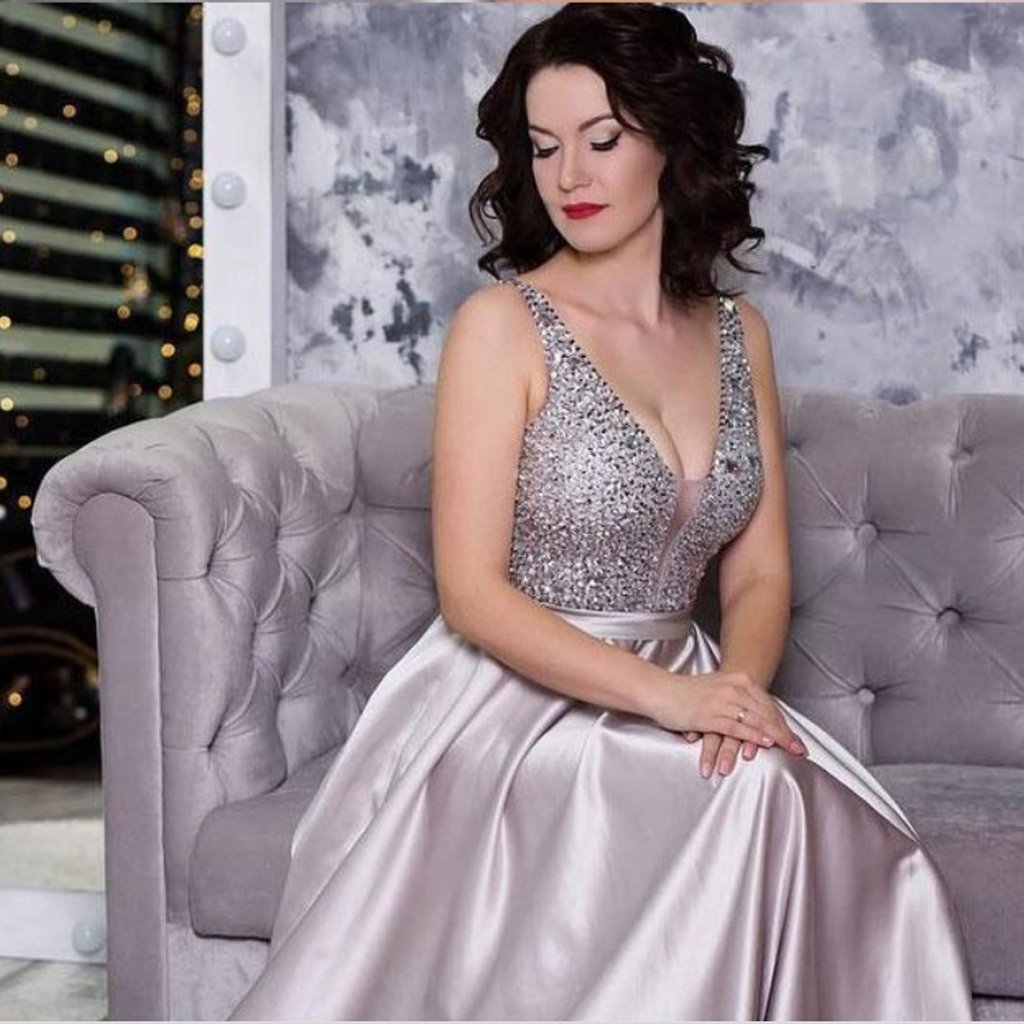 Elegant V Neck Silver Sequins Ball Gowns,Long Prom Dress,Evening Party Dress ,PDY0379