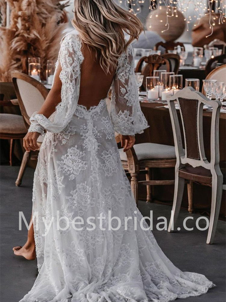 Elegant V-neck Side slit A-line Lace applique Wedding Dresses, WDY0274