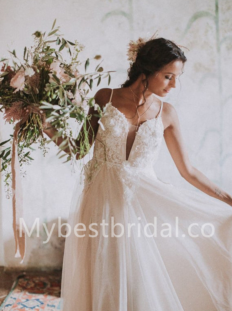 Elegant Spaghetti straps V-neck A-line Lace applique Wedding Dresses, WDY0272