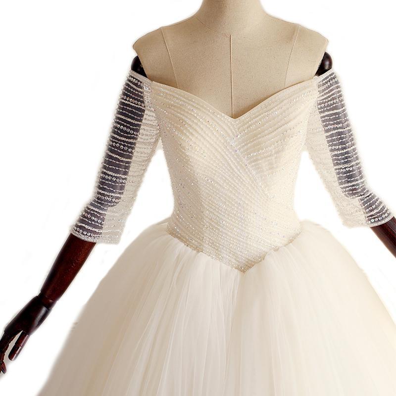 Off Shoulder Long Sleeve Beaded A-line Lace Long Custom Cheap Wedding Dresses,WDY0172