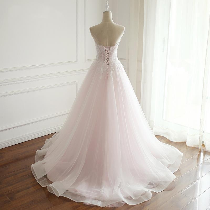 Strapless Pale Pink Long Custom Cheap Custom Wedding Dresses, WDY0177