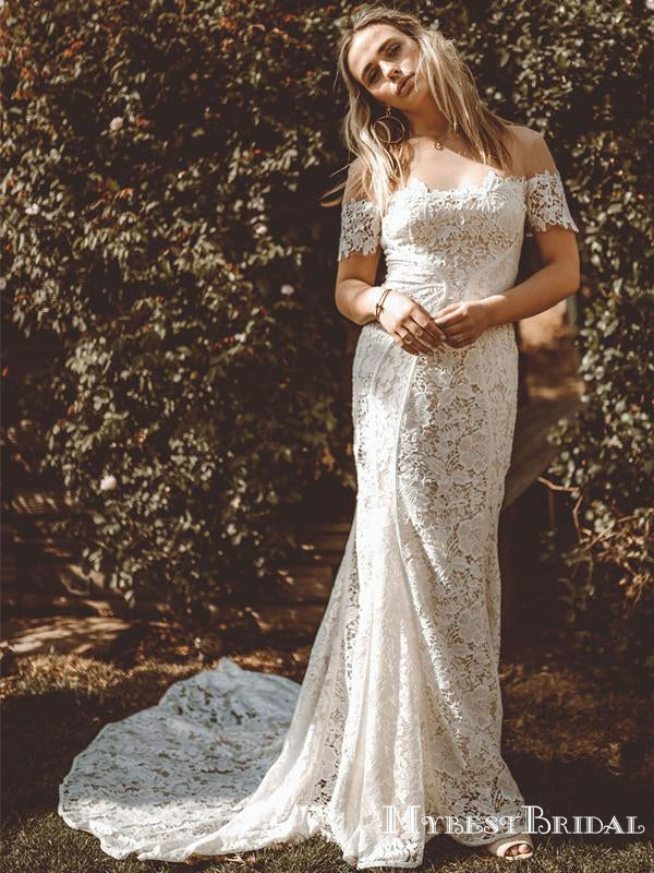 Off-The-Shoulder Charming Elegant Long Cheap Lace Mermaid Wedding Dresses, TYP0092