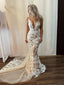 Sexy Deep V-neck Lace Appliqued Mermaid Long Cheap Wedding Dresses, WDS0048