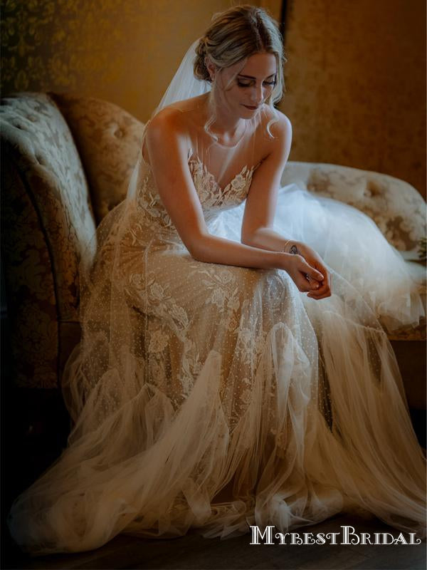 Newest Popular Illusion Neckline Lace Mermaid Long Cheap Wedding Dresses, WDS0004