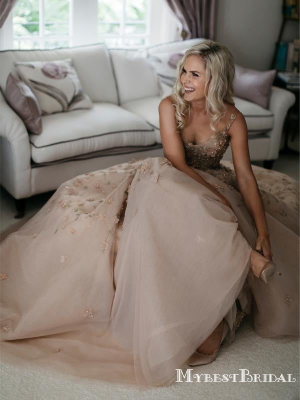 Elegant Sqeare Organza Appliqe A-line Long Cheap Wedding Dresses, WDS0033