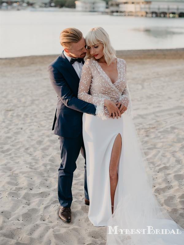 Sexy Deep V-neck Long Sleeves White Side Slit Long Cheap Wedding Dresses, WDS0022