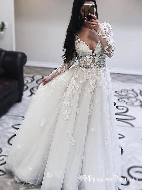 Long Sleeves V-necl Lace A-line Long Cheap Wedding Dresses, WDS0032