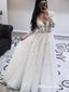 Long Sleeves V-necl Lace A-line Long Cheap Wedding Dresses, WDS0032