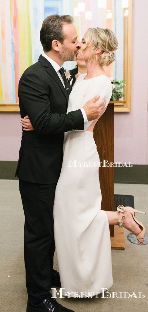 Long Sleeves Sexy Backless Scoop Sheath Long Cheap Simple Charming Wedding Dresses, TYP0100