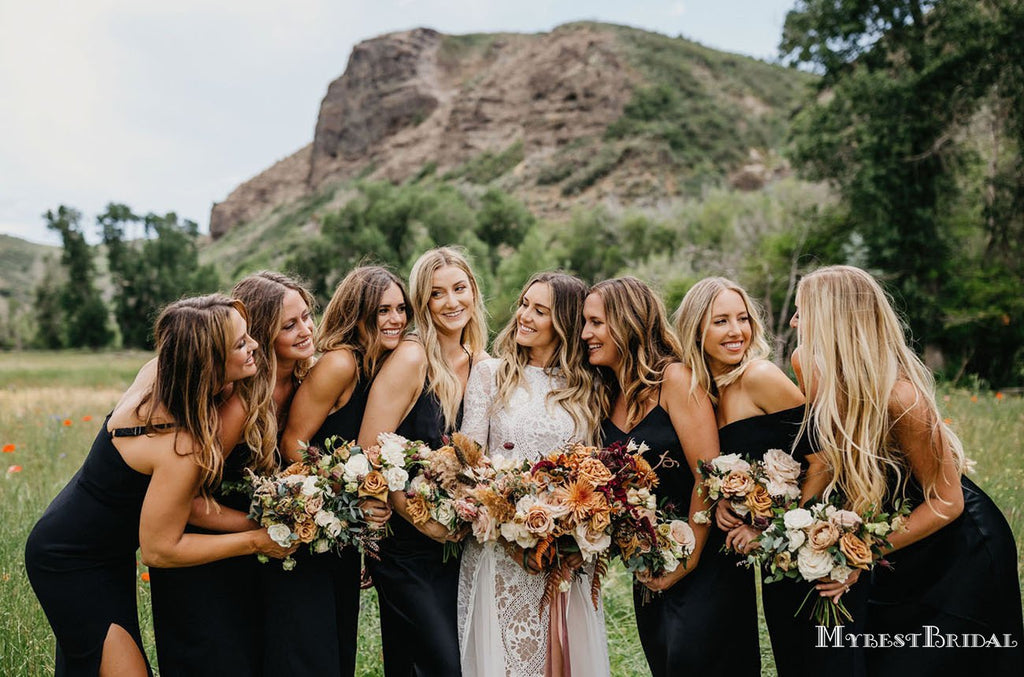 Mismatched Black Satin Long Bridesmaid Dresses, Cheap Bridesmaid Dresses, BDS0022