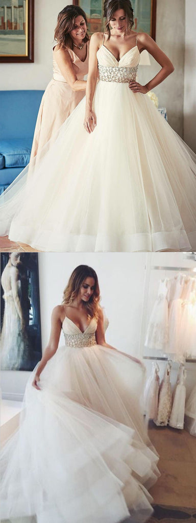Simple Ivory A-line V-neck Spaghetti Straps Beaded Wedding Party Dresses, WDY0115