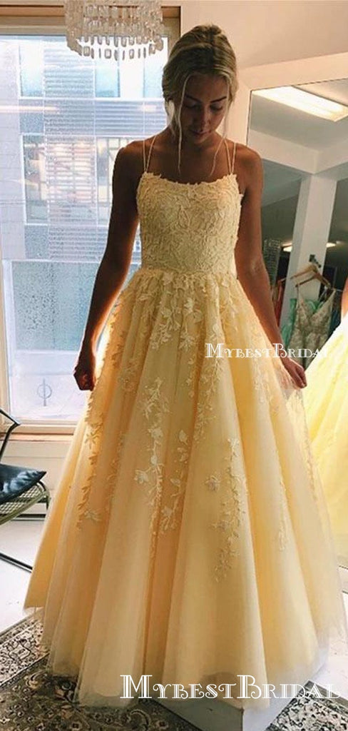 Youthful Yellow Tulle Lace Appliques Spaghetti Strap Long Prom Dress Formal Party Gowns Prom Dresses, PDS0057