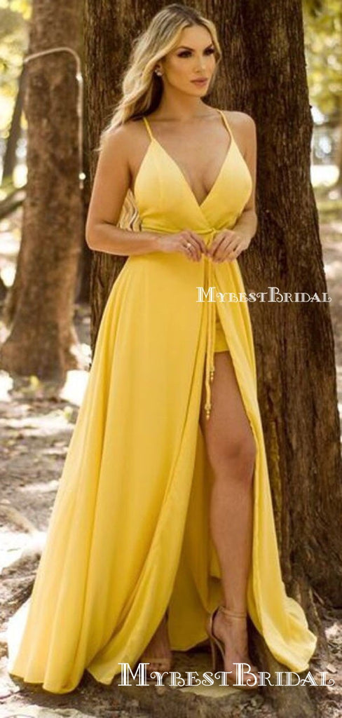 Sexy V-neck Spaghetti Yellow Elastic Silk Side Slit A-line Long Cheap Bridesmaid Dresses, BDS0023
