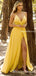Sexy V-neck Spaghetti Yellow Elastic Silk Side Slit A-line Long Cheap Bridesmaid Dresses, BDS0023