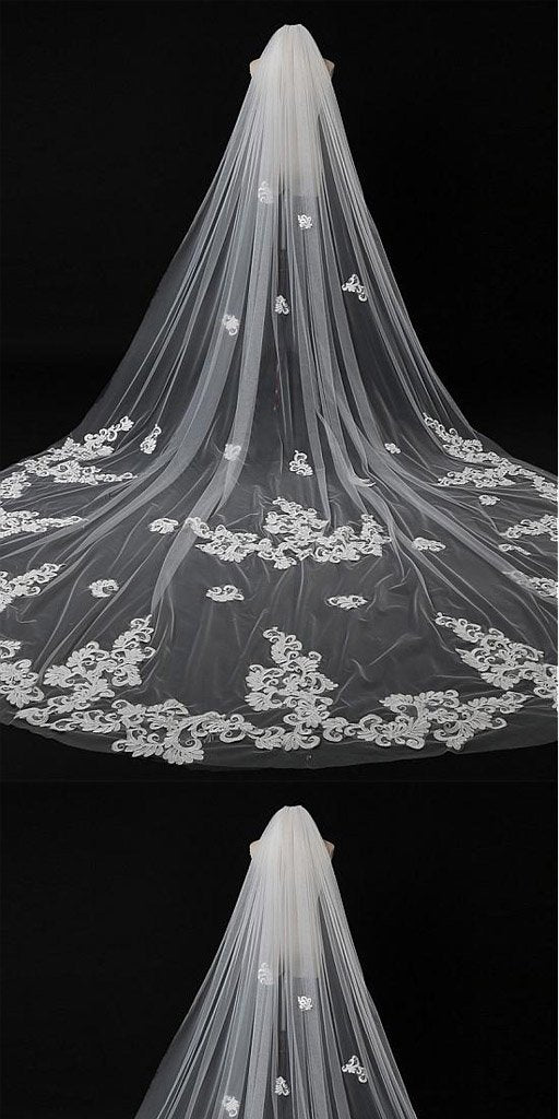 Graceful Tulle Long  Wedding Veil With Lace Appliques, WV0116