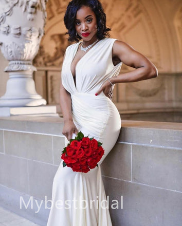 Elegant V-neck Sleeveless Simple Long Mermaid Bridesmaid Dressess, BDS0298