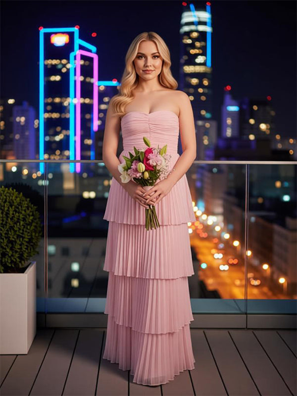Cute Ruched Strapless Sleeveless Chiffon A-Line Long Prom Party Dress,PDS11834