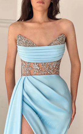 Sexy Strapless Sleeveless Side Slit Mermaid Long Prom Dress,PDS11528