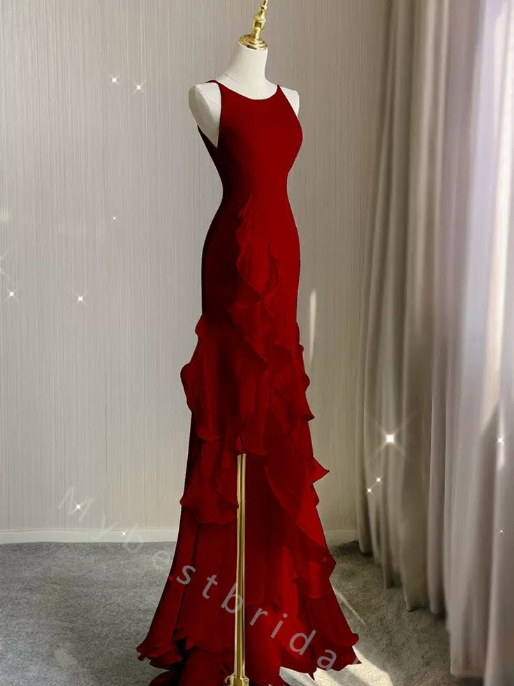 Elegant Scoop Sleeveless Ruffle Mermaid Long Prom Dress,PDS11525