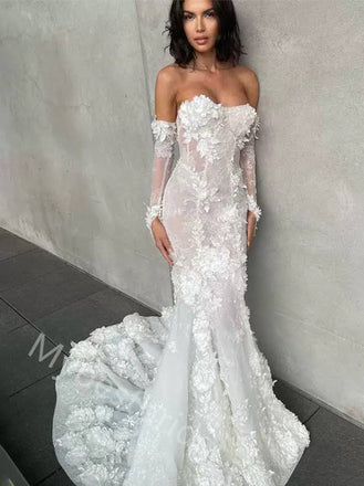 Sexy Off Shoulder Mermaid Lace Applique Wedding Dresses, WDY0351