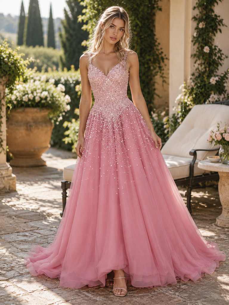 Cute Pink Beaded Tulle V Neck Spaghetti Strap A Line Long Prom Dress,PDS118788
