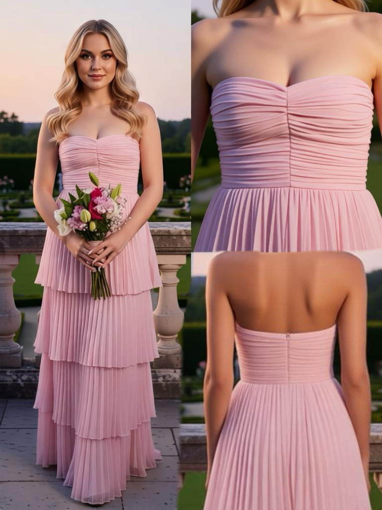 Cute Ruched Strapless Sleeveless Chiffon A-Line Long Prom Party Dress,PDS11834