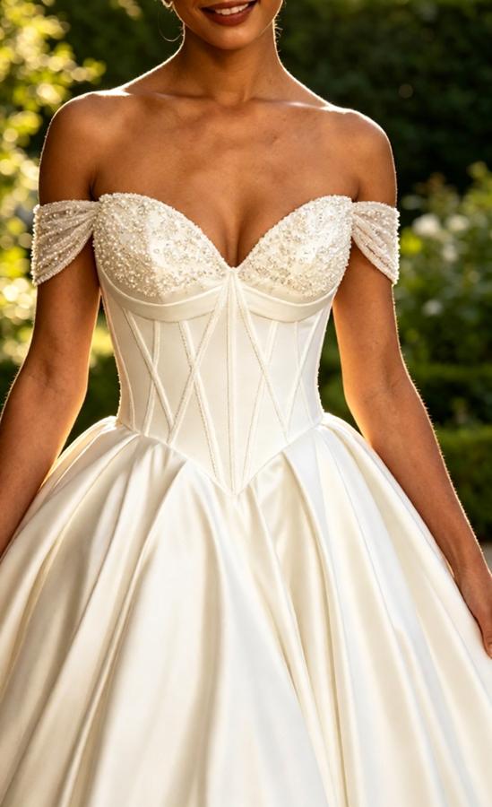 Luxury Off Shoulder Sleeveless Satin A-Line Floor Length Long Wedding Dresses, WD0370