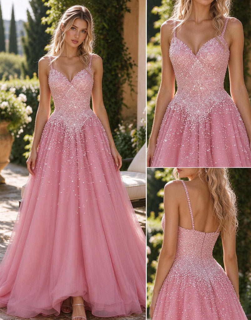 Cute Pink Beaded Tulle V Neck Spaghetti Strap A Line Long Prom Dress,PDS118788