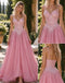 Cute Pink Beaded Tulle V Neck Spaghetti Strap A Line Long Prom Dress,PDS118788