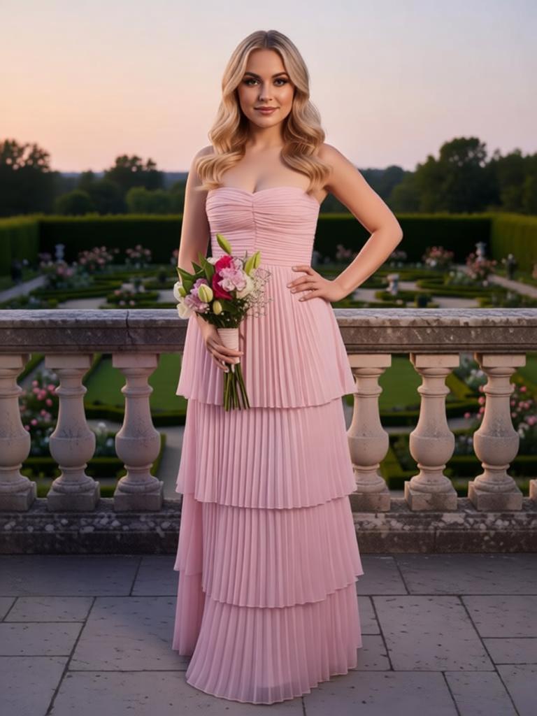 Cute Ruched Strapless Sleeveless Chiffon A-Line Long Prom Party Dress,PDS11834