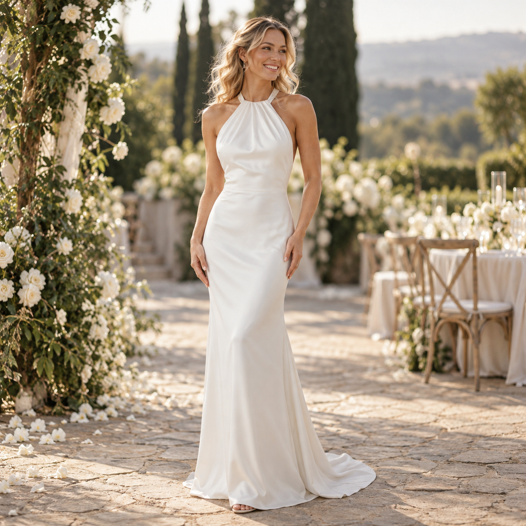 Sleek Halter Sleeveless Open Back Satin Sheath Mermaid Wedding Dress, WD0406