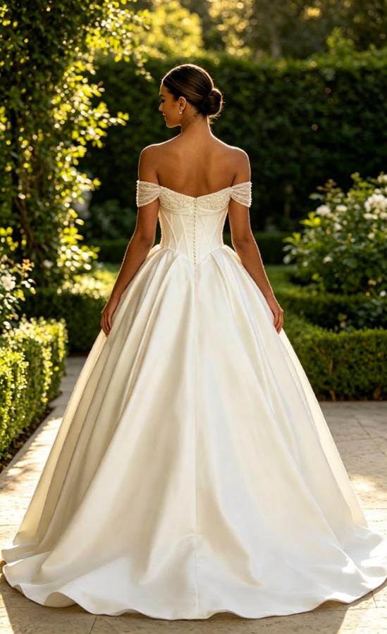 Luxury Off Shoulder Sleeveless Satin A-Line Floor Length Long Wedding Dresses, WD0370
