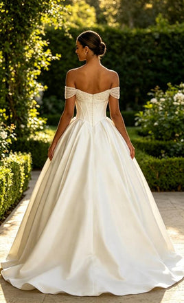 Luxury Off Shoulder Sleeveless Satin A-Line Floor Length Long Wedding Dresses, WD0370