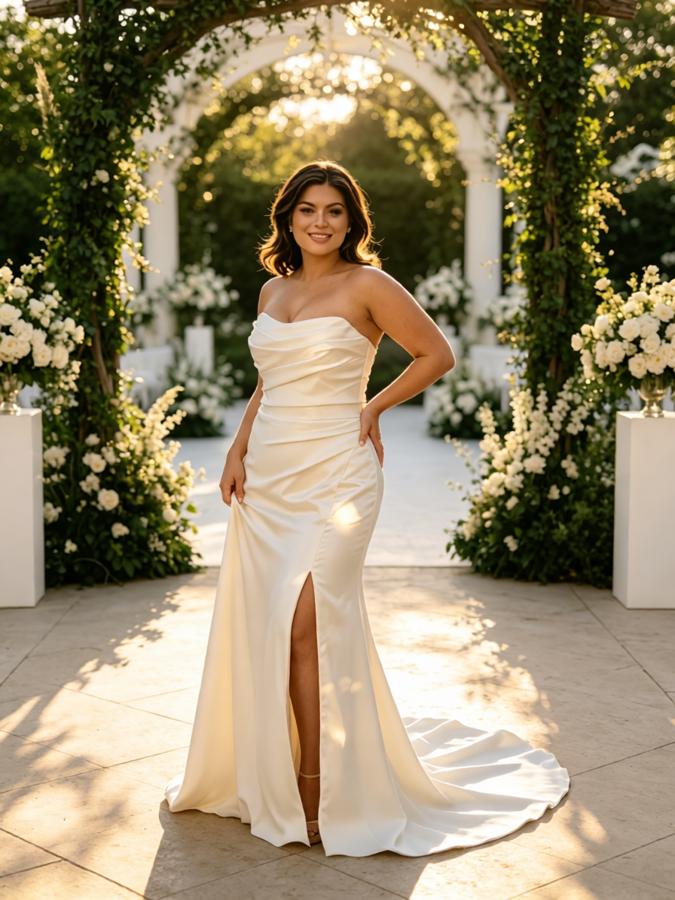 Fashion Ruched Sleeveless Side Slit Satin Mermaid Floor Length Wedding Dresses, WD0388