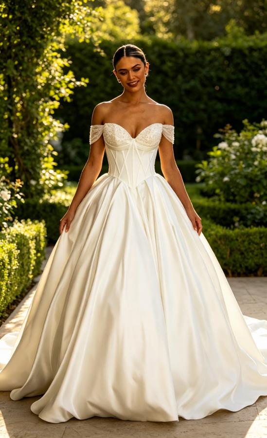 Luxury Off Shoulder Sleeveless Satin A-Line Floor Length Long Wedding Dresses, WD0370