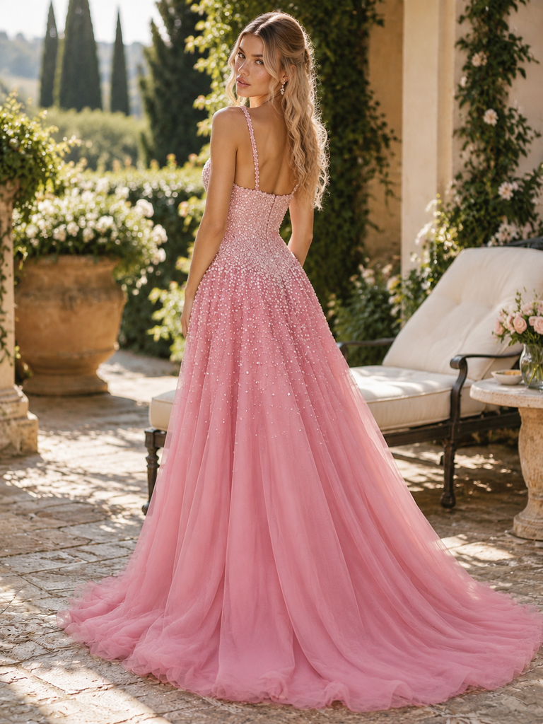 Cute Pink Beaded Tulle V Neck Spaghetti Strap A Line Long Prom Dress,PDS118788