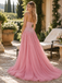 Cute Pink Beaded Tulle V Neck Spaghetti Strap A Line Long Prom Dress,PDS118788