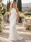 Sleek Halter Sleeveless Open Back Satin Sheath Mermaid Wedding Dress, WD0406