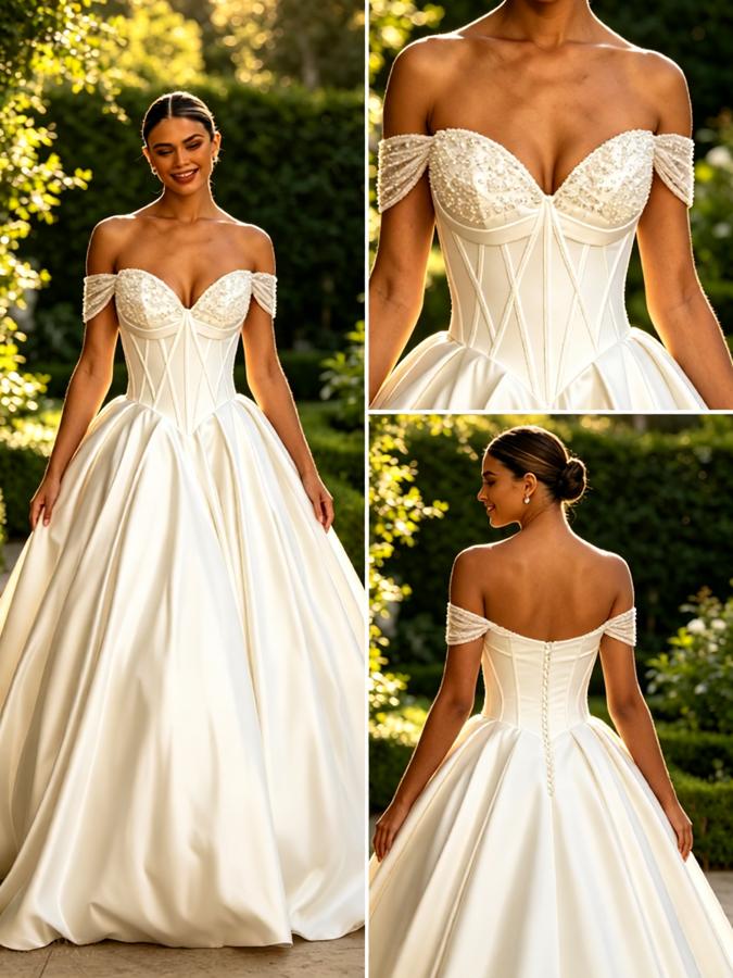 Luxury Off Shoulder Sleeveless Satin A-Line Floor Length Long Wedding Dresses, WD0370