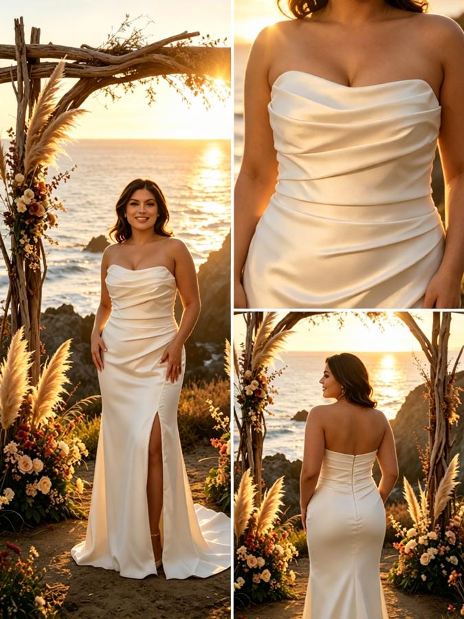 Fashion Ruched Sleeveless Side Slit Satin Mermaid Floor Length Wedding Dresses, WD0388