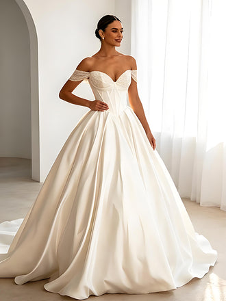 Luxury Off Shoulder Sleeveless Satin A-Line Floor Length Long Wedding Dresses, WD0370