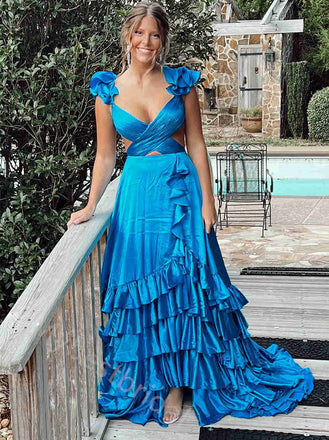 Sexy V-neck Sleeveless Ruffle A-lineLong Prom Dress,PDS11548