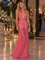 Vibrant Fuchsia Halter Deep V Ruched Sheer Tulle Evening Gown,PDS118547