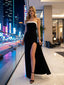 White and Black Sleeveless Satin Side Slit Mermaid Long Prom Party Dress,PDS11835