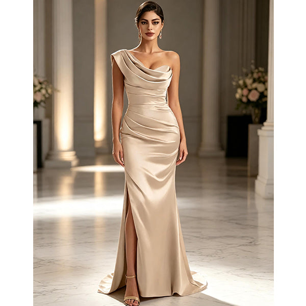 Taupe Soft Satin One Shoulder Ruched Side-Slit Mermaid Bridesmaid Dresses, BDS0402