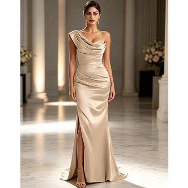 Taupe Soft Satin One Shoulder Ruched Side-Slit Mermaid Bridesmaid Dresses, BDS0402