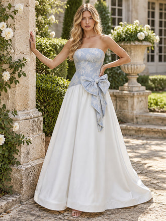 Vintage Blue Lace Satin Strapless Big Bow A-Line Long Wedding Guest Dress,PDS118743