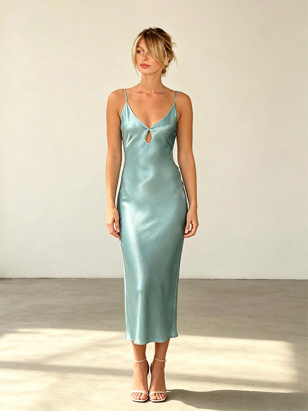 Simple Spaghetti Straps  V-neck Satin Sleeveless Sheath Long Prom Party Dress,PDS11823